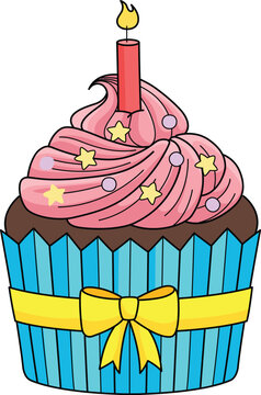Birthday Cupcake with Candle Cartoon Clipart 