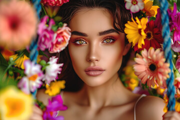 Beauty concept woman portrait surrounded by colorful flowers