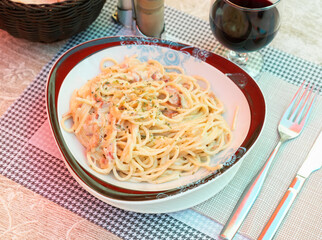 Spaghetti with Authentic Italian sauce made with yolks, cheese and bacon.