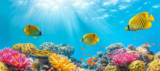 Fototapeta na wymiar Vivid fish among vibrant corals in saltwater aquarium, creating a mesmerizing underwater scene.