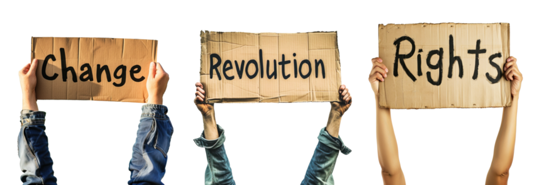 People arms rising signs claiming for change, revolution and rights over white transparent background