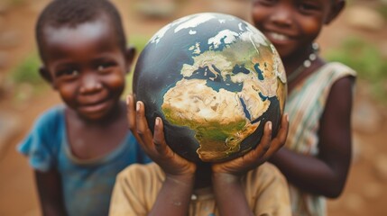 African Children holding earth globe. Group of African children holding planet earth planet earth