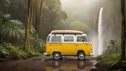 Um veículo Kombi, amarela, de viajantes, estacionada em frente a uma cachoeira em meio à floresta húmida
