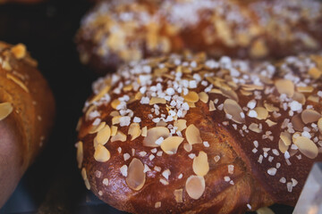 Tsoureki, Traditional Greek Easter Bread, greek freshly baked cake in Athens, Greece, with almond, mastiha, mahleb and cinnamon, orthodox Easter in Greece, sweet bread with red eggs