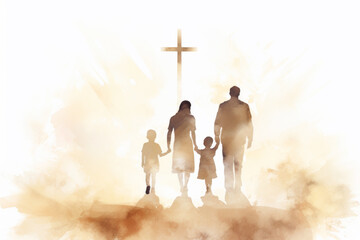 Watercolor Family at the Cross, Religion Concept