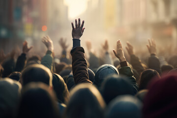 Hands raising over the crowd of people. Elections and voting concept - obrazy, fototapety, plakaty