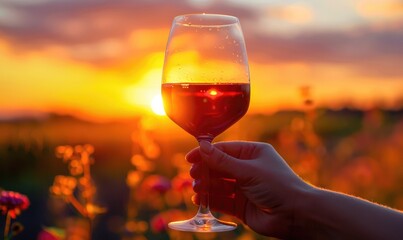 A hand holding a glass of wine, sunset background - obrazy, fototapety, plakaty