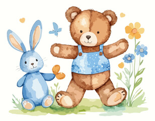 Set of cute watercolor illustration. Blue easter rabbit and brown teddy bear. Print for children. Hand drawn picture. Beautiful print for design, cards, textile. Spring and summer theme