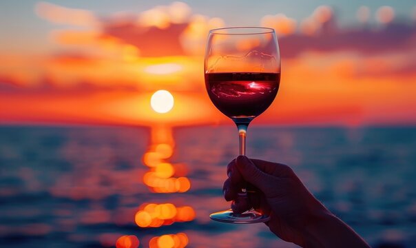 A hand holding a glass of wine, sunset background - Powered by Adobe