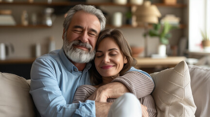 Fototapeta premium Happy mature husband and wife sit rest on couch at home hugging and cuddling, show care affection, smiling senior loving couple relax on sofa have fun, enjoy tender romantic family weekend together