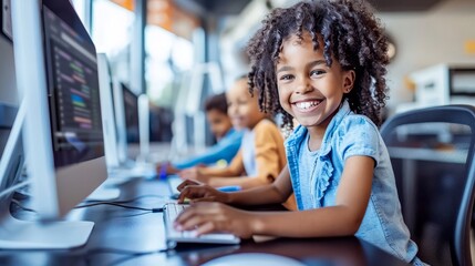 Diverse group of children sitting together in school classroom using computers for learning
