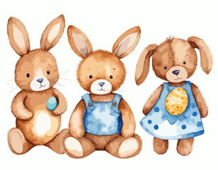 Obraz na płótnie Canvas Set of cute watercolor illustration. Blue easter rabbit and brown teddy bear. Print for children. Hand drawn picture. Beautiful print for design, cards, textile. Spring and summer theme