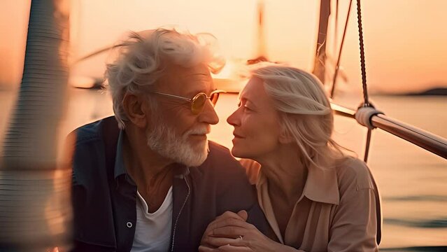 Senior man and a woman are seated on a boat, calmly enjoying the surroundings as the boat glides across the water