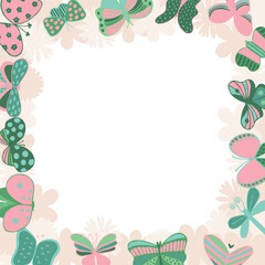 Fototapeta na wymiar frame of colorful bright insects, twigs, hearts. Perfect for wallpapers, gift paper, greeting cards, fabrics, textiles, web designs. Vector illustration. Hand drawn.