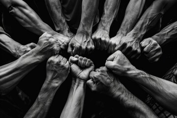 Concept of unity and strength illustrated by fists put together. Black and white image - obrazy, fototapety, plakaty