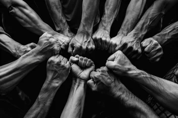Fotobehang Concept of unity and strength illustrated by fists put together. Black and white image © Olesia Khazova
