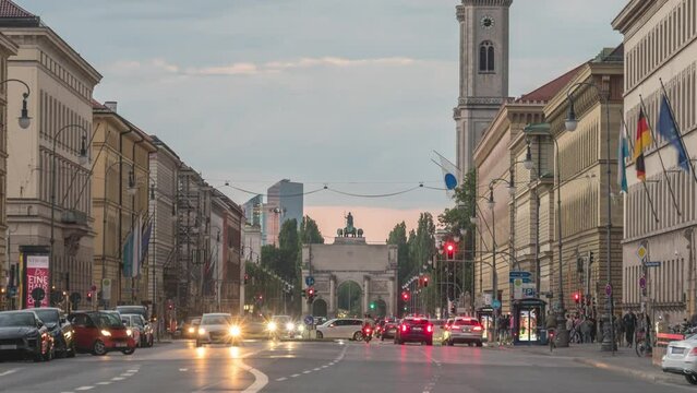 Munich (M&uuml;nchen) Germany time lapse, city skyline day to night at Odeonsplatz and Siegestor