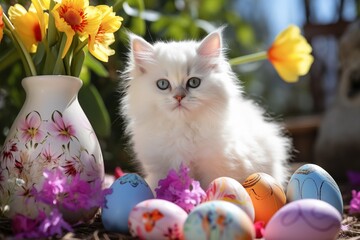 persian white kitten with spring flowers and easter eggs, hauskätzchen
