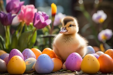 One little duckling between easter eggs in springtime outdoor