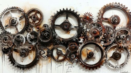 Mechanical Beauty of Gears and Bearings on White - obrazy, fototapety, plakaty