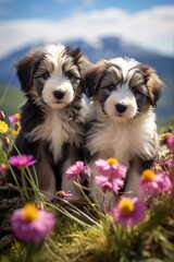 two cute bearded collie puppies sitting in a flower field