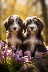two cute bearded collie puppies sitting in a flower field
