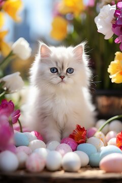 Cute white persian kittenwith easter flowers in springtime outdoor