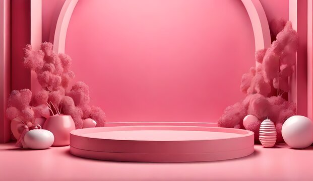 Generative AI pink heart, pink podium in valentines background with decorations, Ai generated image
 Highlighting beverages pedestal podium mockup
