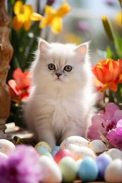 Cute white persian kittenwith easter flowers in springtime outdoor