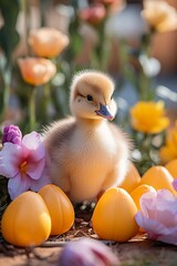 one little duckling between easter eggs in spring outdoor