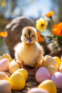 one little duckling between easter eggs in spring outdoor