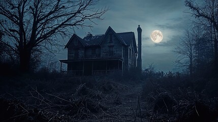 Spooky Haunted House with a Full Moon Sky. Eerie Halloween Background with a Derelict Mansion.