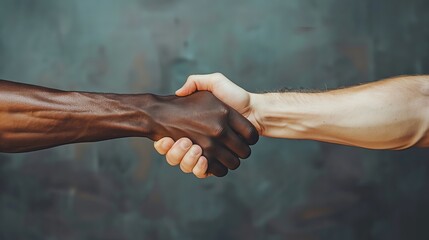 Closeup photo of two hands arms handshake different race multinational friends antiracism issue...
