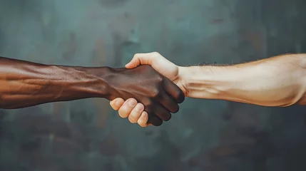 Foto op Plexiglas Closeup photo of two hands arms handshake different race multinational friends antiracism issue help together world globe partners relationship immigration © Katsiaryna
