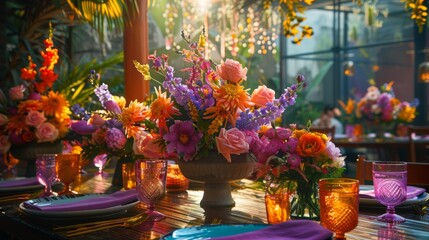 A wooden table topped with a vase filled with flowers - obrazy, fototapety, plakaty