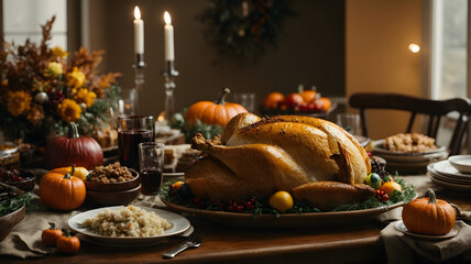 Thanksgiving dinner with roasted turkey and vegetables, served on festive table. Generative AI