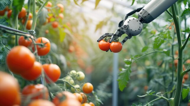 A robotic arm efficiently picks harvesting product, a type of vegetable, in a greenhouse to produce healthy and natural foods. AIG41