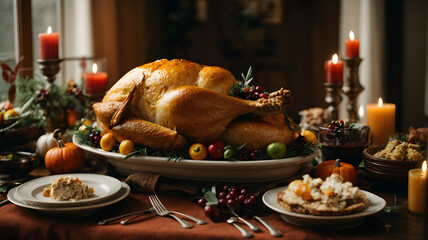Thanksgiving dinner table with roasted turkey and autumn decorations. Generative AI