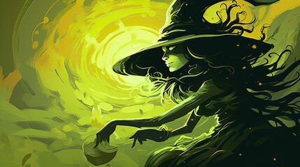 Illustration of a witch in halloween in dark lime tones