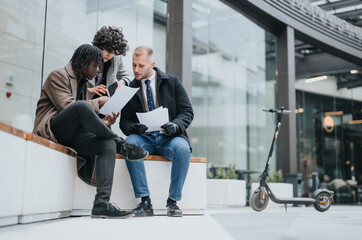 Three people engaged in a discussion while examining papers outside an office building, with an...
