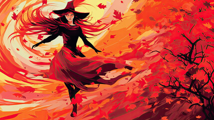 Illustration of a witch in halloween in vivid red tones