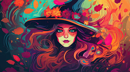 Naklejka premium Illustration of a witch in halloween in colorful tones