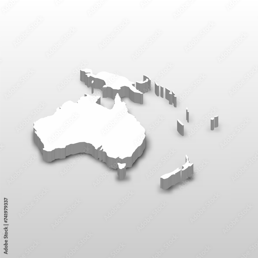 Wall mural 3D map of Australia continent. Extruded white vector map with dropped shadow on light gray background. - Wall murals