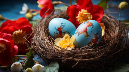 Obraz premium Elegantly coloured Easter eggs and flowers are lying in a basket.