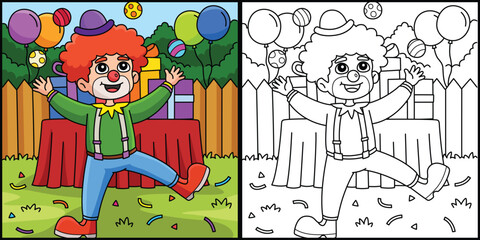 Birthday Clown Coloring Page Colored Illustration