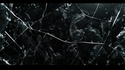 cracked glass object on black background, smashed glass texture, shards of broken glass on black wallpaper
