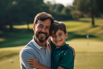 Smiling Father and Son Enjoying a Sunny Day on the Golf Course