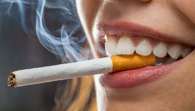 Girl holding burning cigarette in mouth and teeth with smoke coming out from mouth
