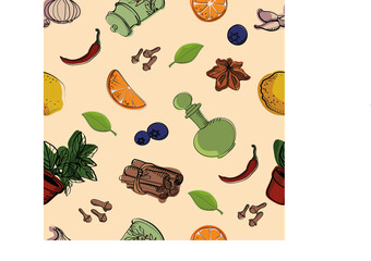 Seamless pattern with kitchen elements, chili, orange, garlic, utensils, lemon, leaves, cinnamon sticks, clove sticks, berries