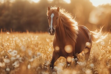 Red horse with long mane run at summer day in flowers filed with shiny sunshine - obrazy, fototapety, plakaty